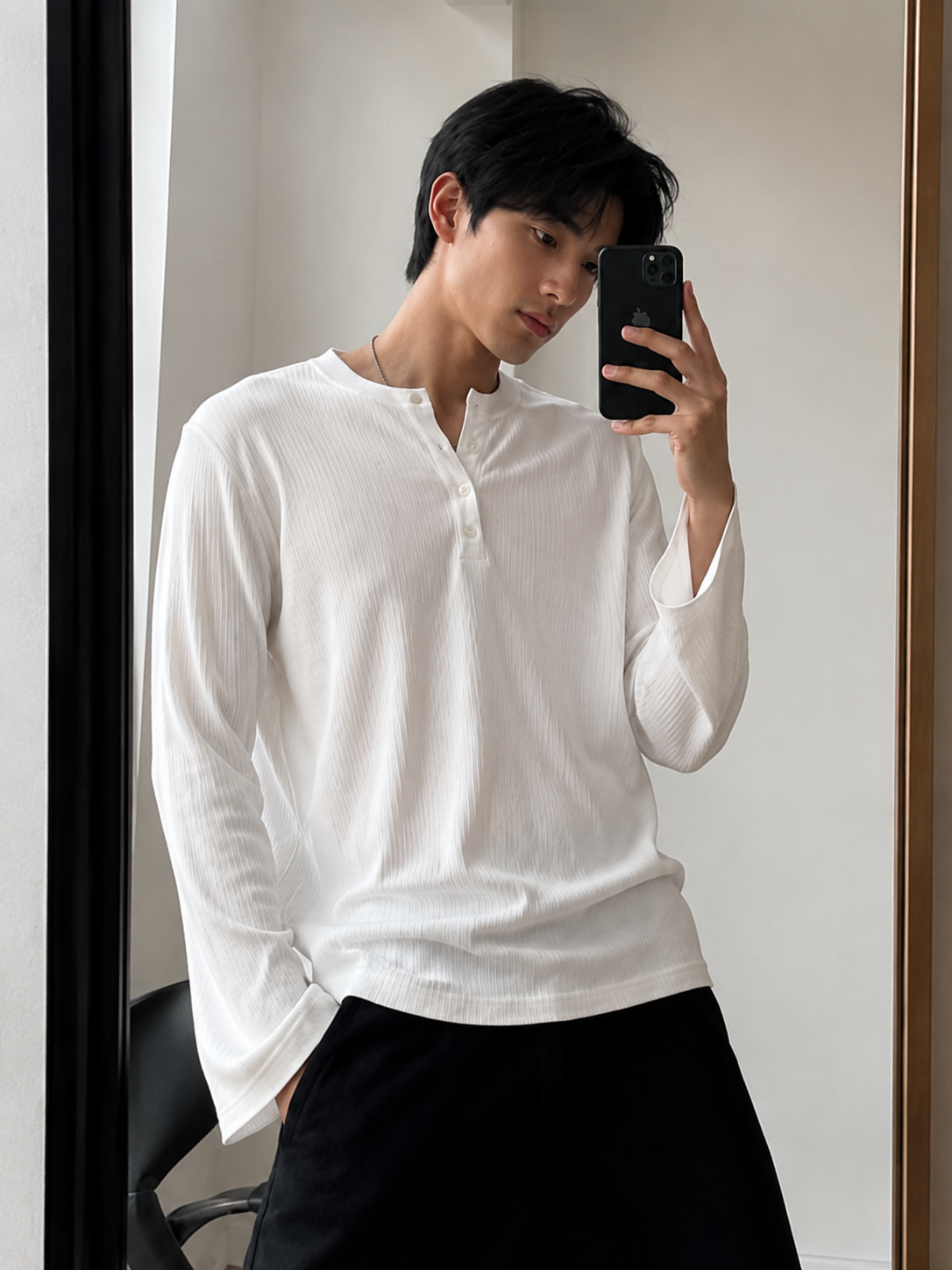 Henley ribbed full sleeve tshirt White - View 3