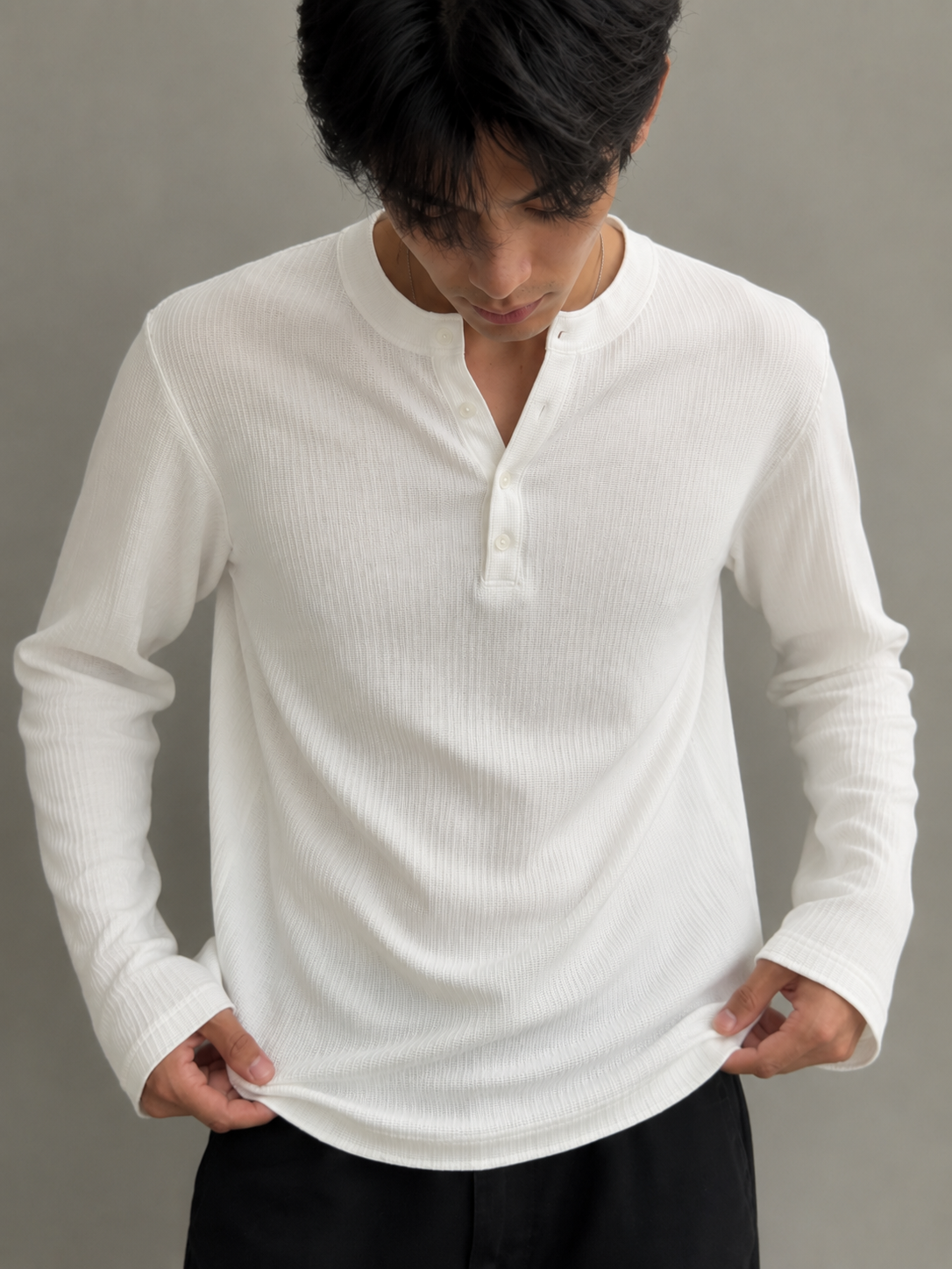 Henley ribbed full sleeve tshirt White - View 5