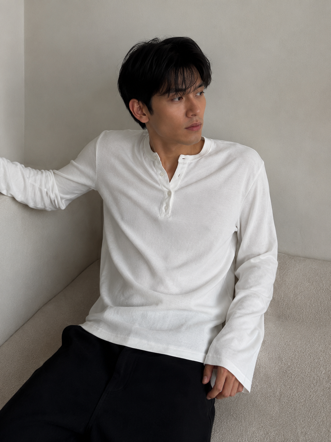 Henley ribbed full sleeve tshirt White - View 6