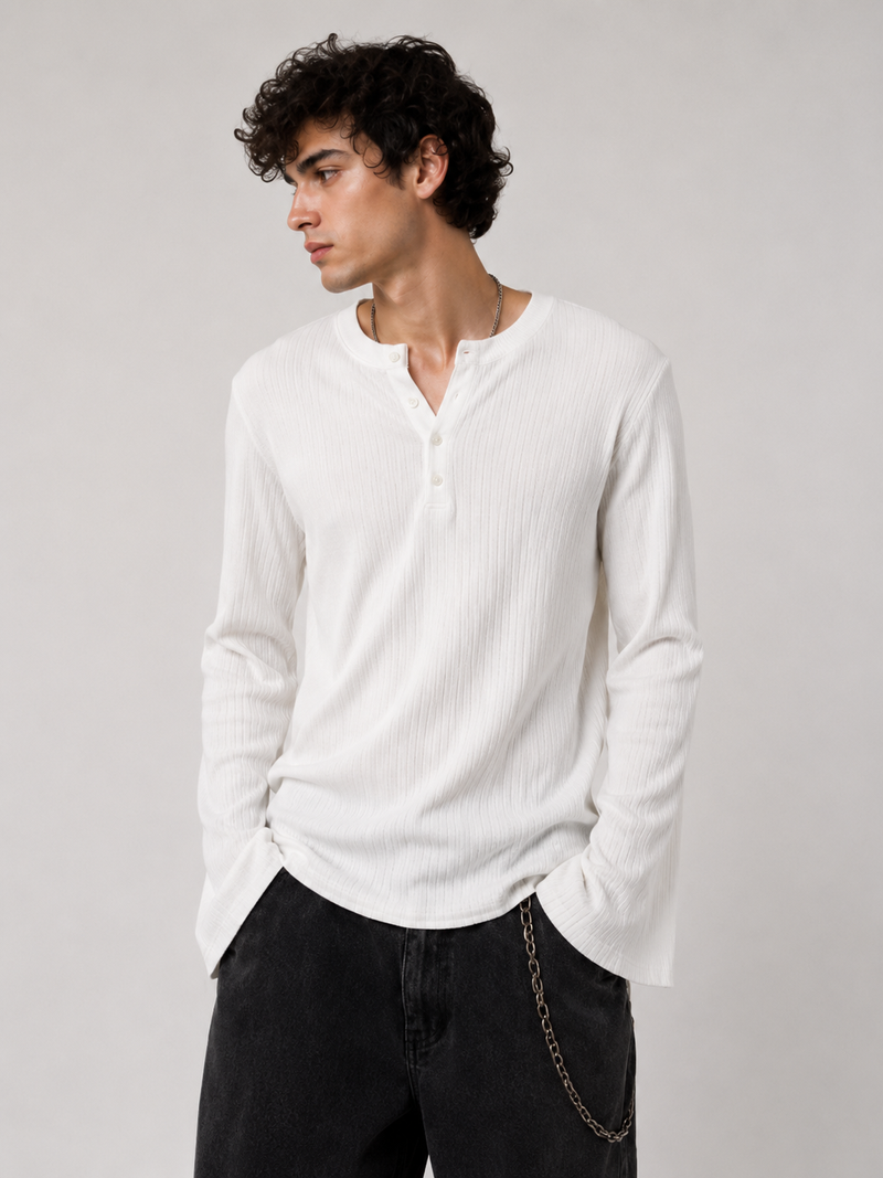 Henley ribbed full sleeve tshirt White