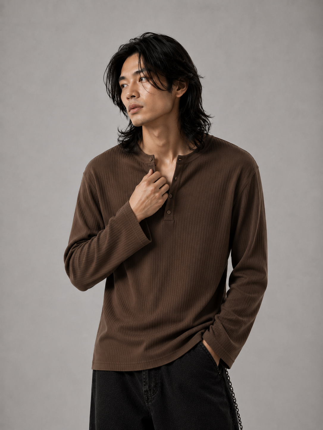 Henley ribbed full sleeve tshirt Coffee Brown - View 2