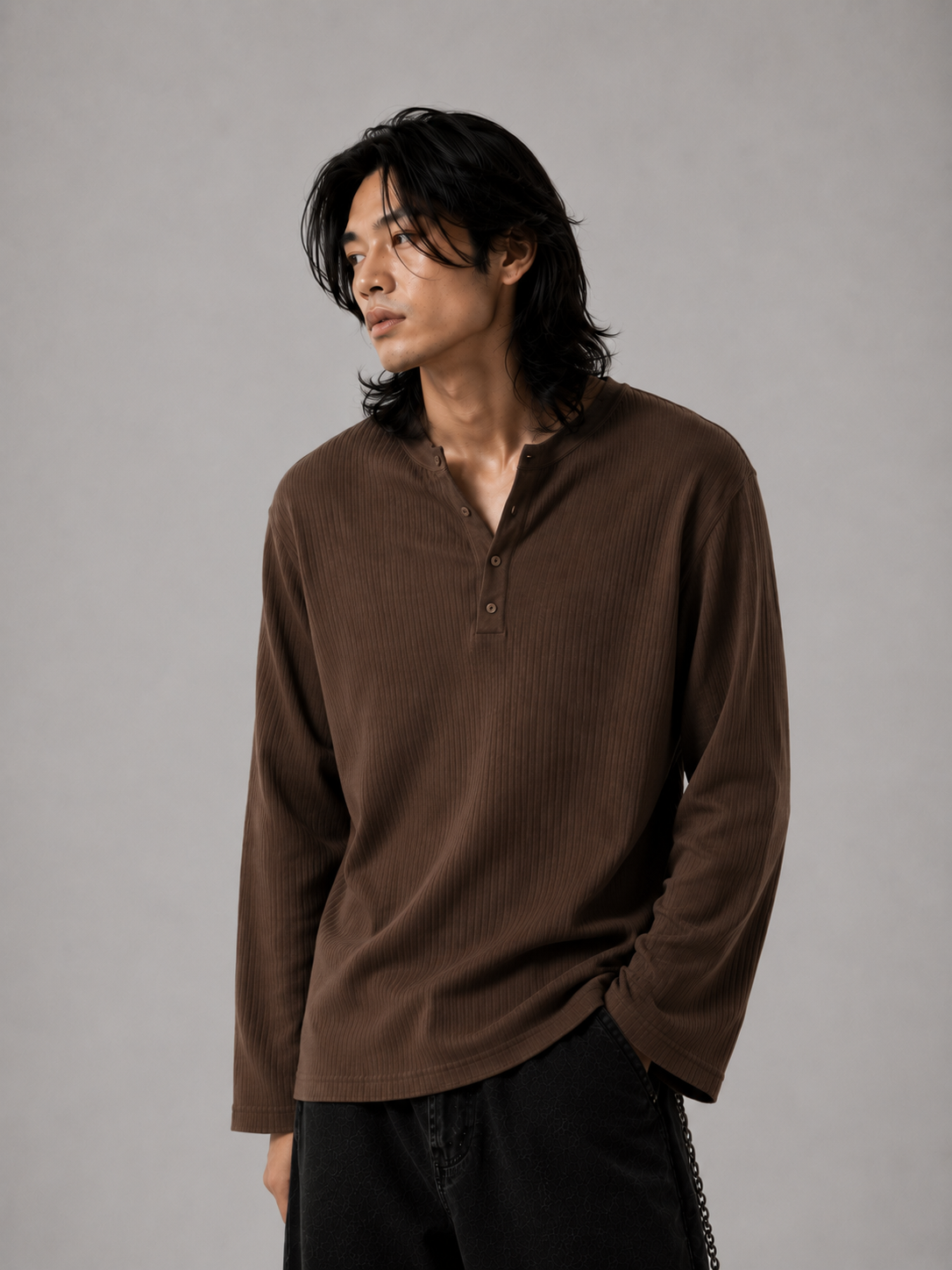 Henley ribbed full sleeve tshirt Coffee Brown - View 4