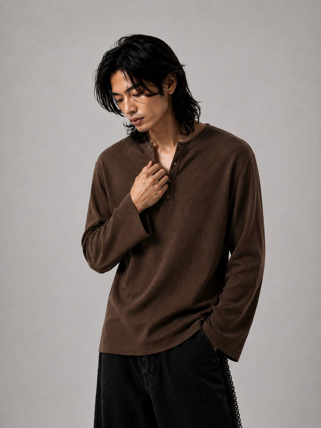 Henley ribbed full sleeve tshirt Coffee Brown - View 5