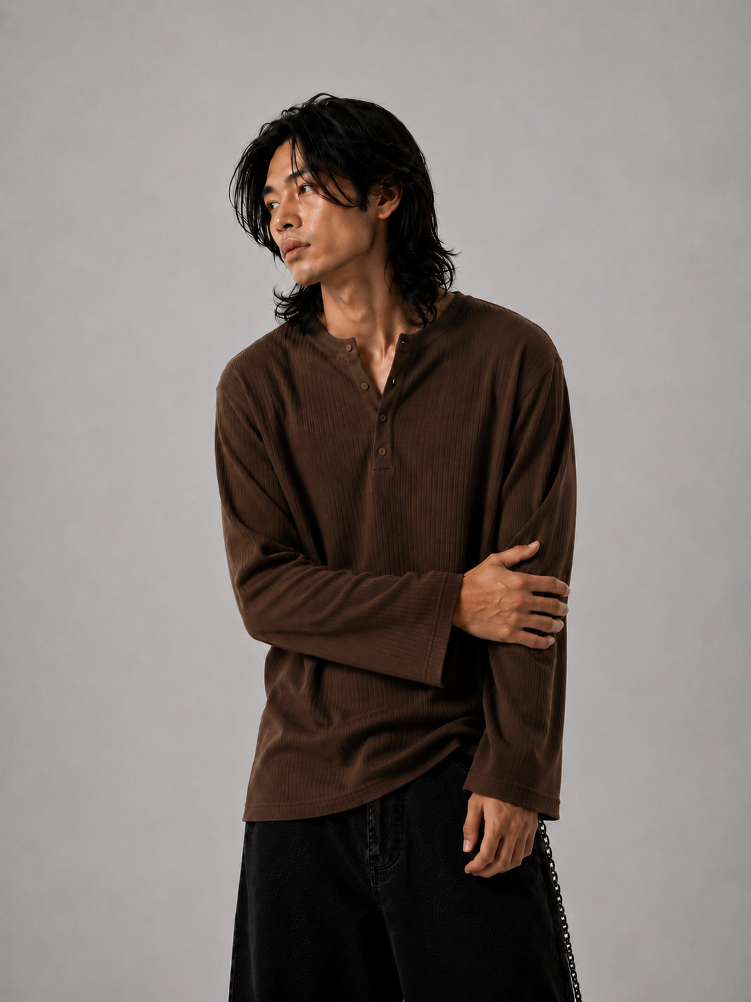 Henley ribbed full sleeve tshirt Coffee Brown - View 6