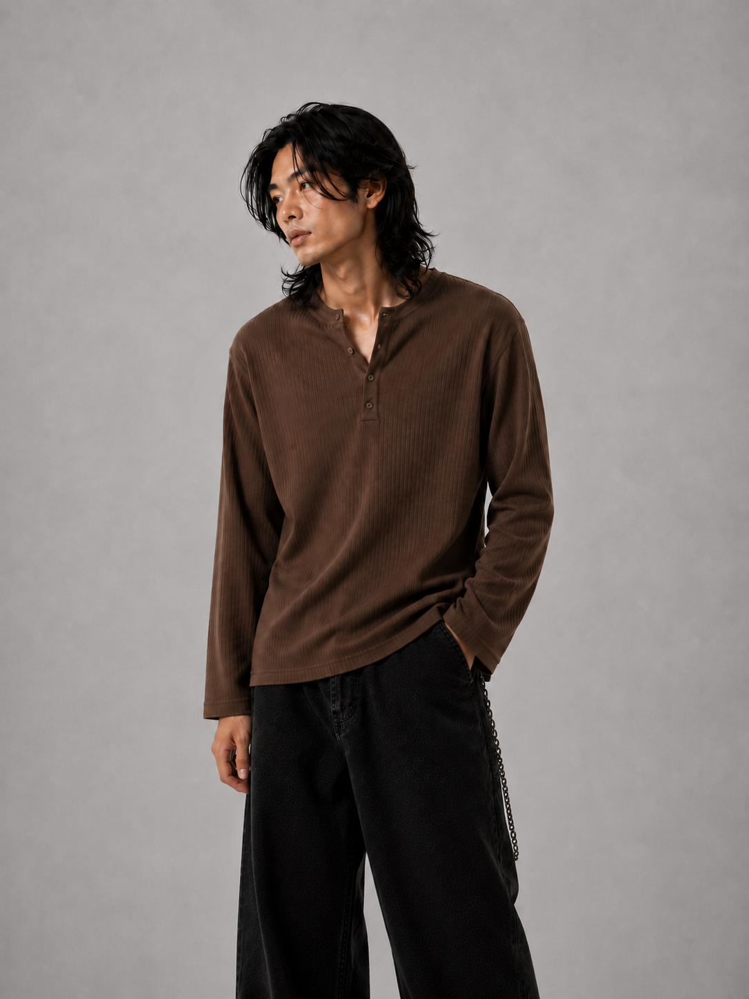 Henley ribbed full sleeve tshirt Coffee Brown - View 7
