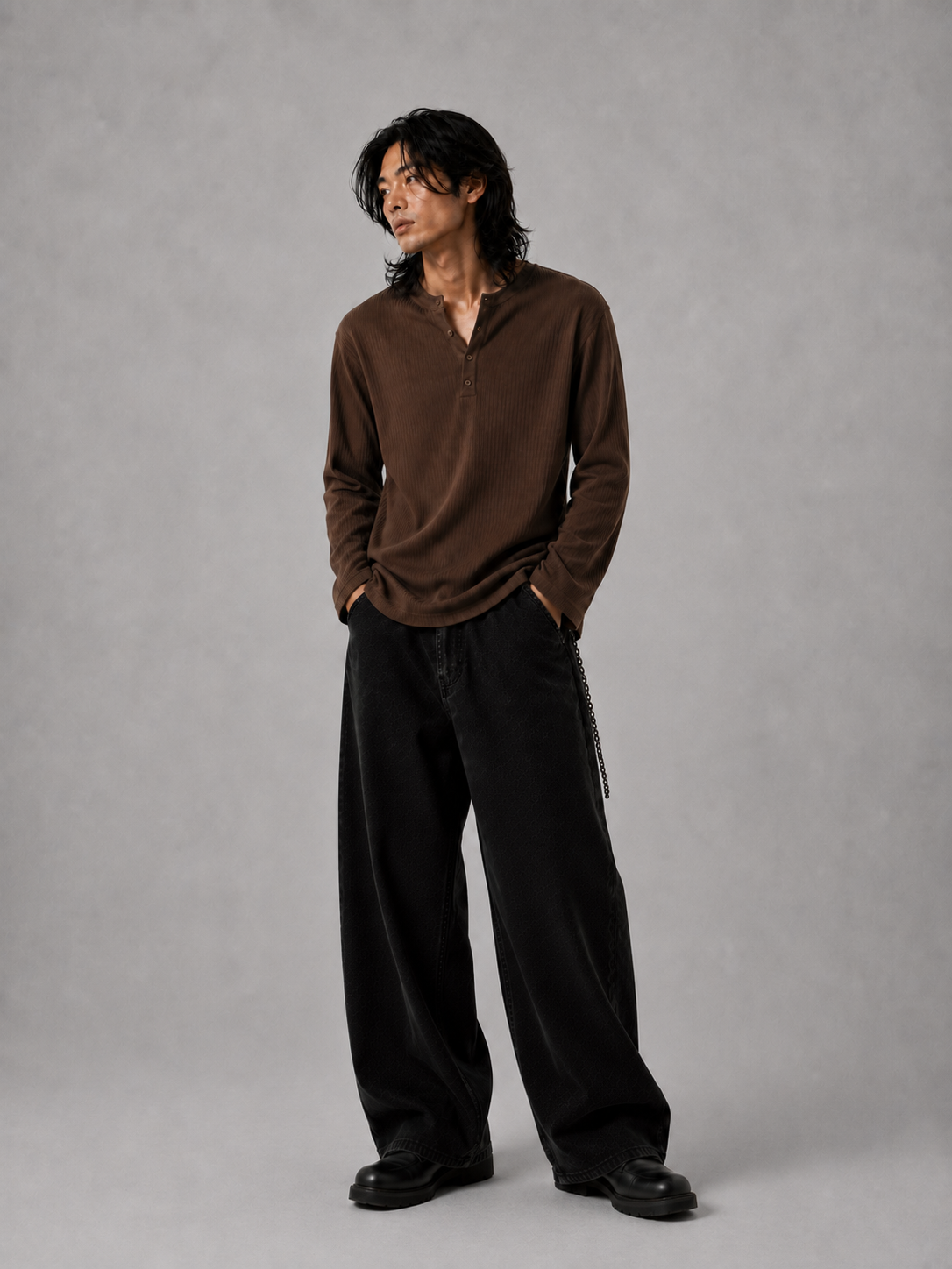 Henley ribbed full sleeve tshirt Coffee Brown - View 3