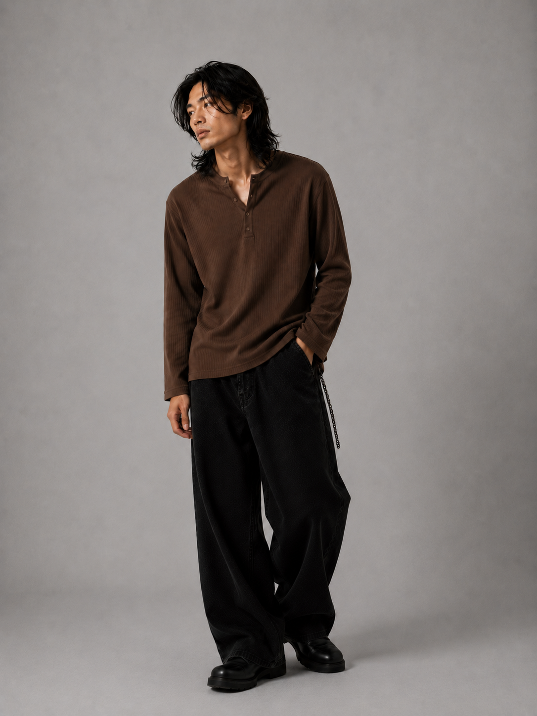 Henley ribbed full sleeve tshirt Coffee Brown - View 8